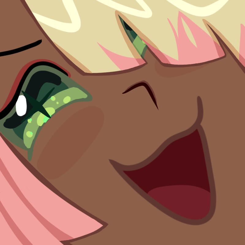 Stylized picture of a black character's zoomed in face. She has pink and yellow bangs visible that obscure her left green eye. She looks like she's laughing in a bratty way.